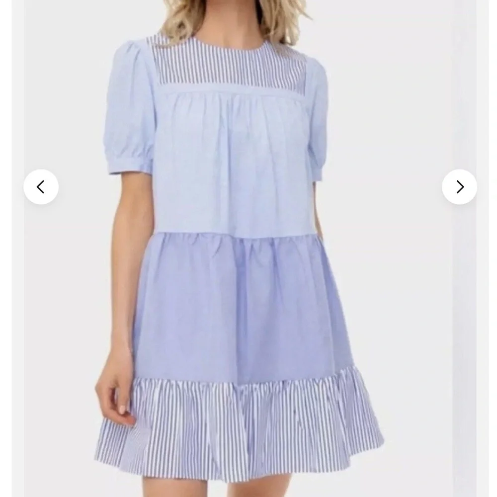 Tuckernuck Pomander Place Quinn Blue Tiered Puff-Sleeve Mini Dress
